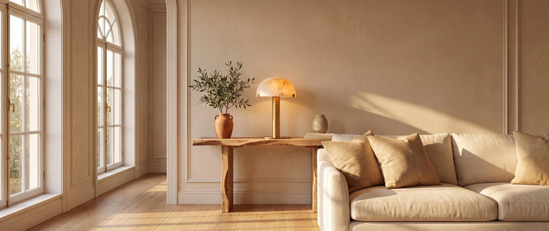 Brass lamp and pencil drawings of chandeliers across a walnut specification desk