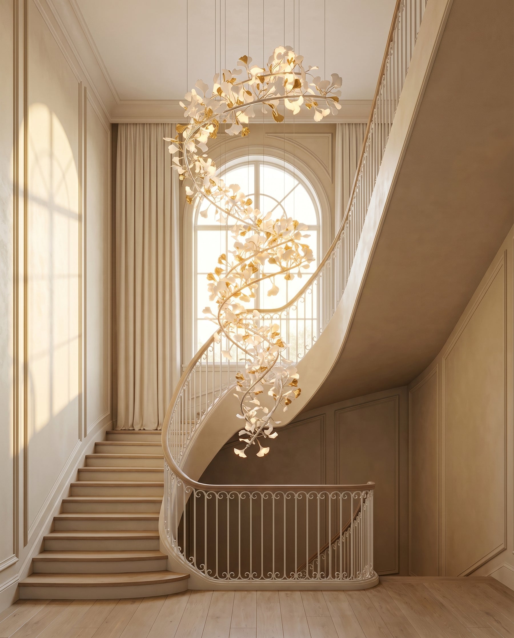 A YIOSI hand-blown glass ring chandelier over an ivory seating group in a bright North-American living room