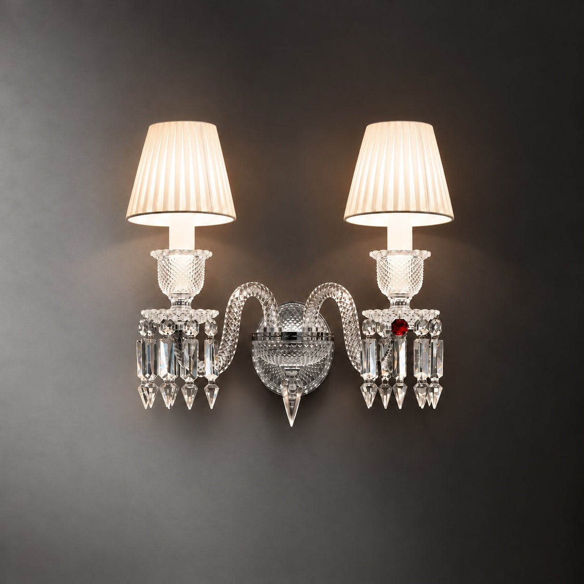 Yvanthe Chrome Crystal 2-Light Wall Sconce 16.5" on a dark olive wall