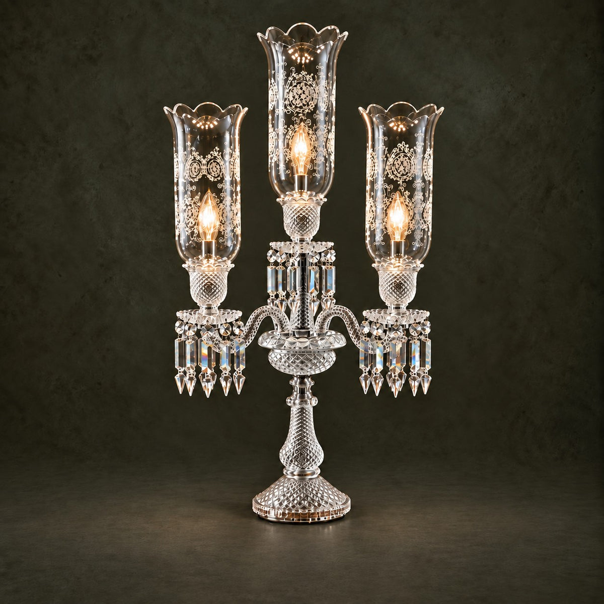 Zerinta Hurricane Crystal 4-Light Table Lamp 30.3" on a dark olive wall