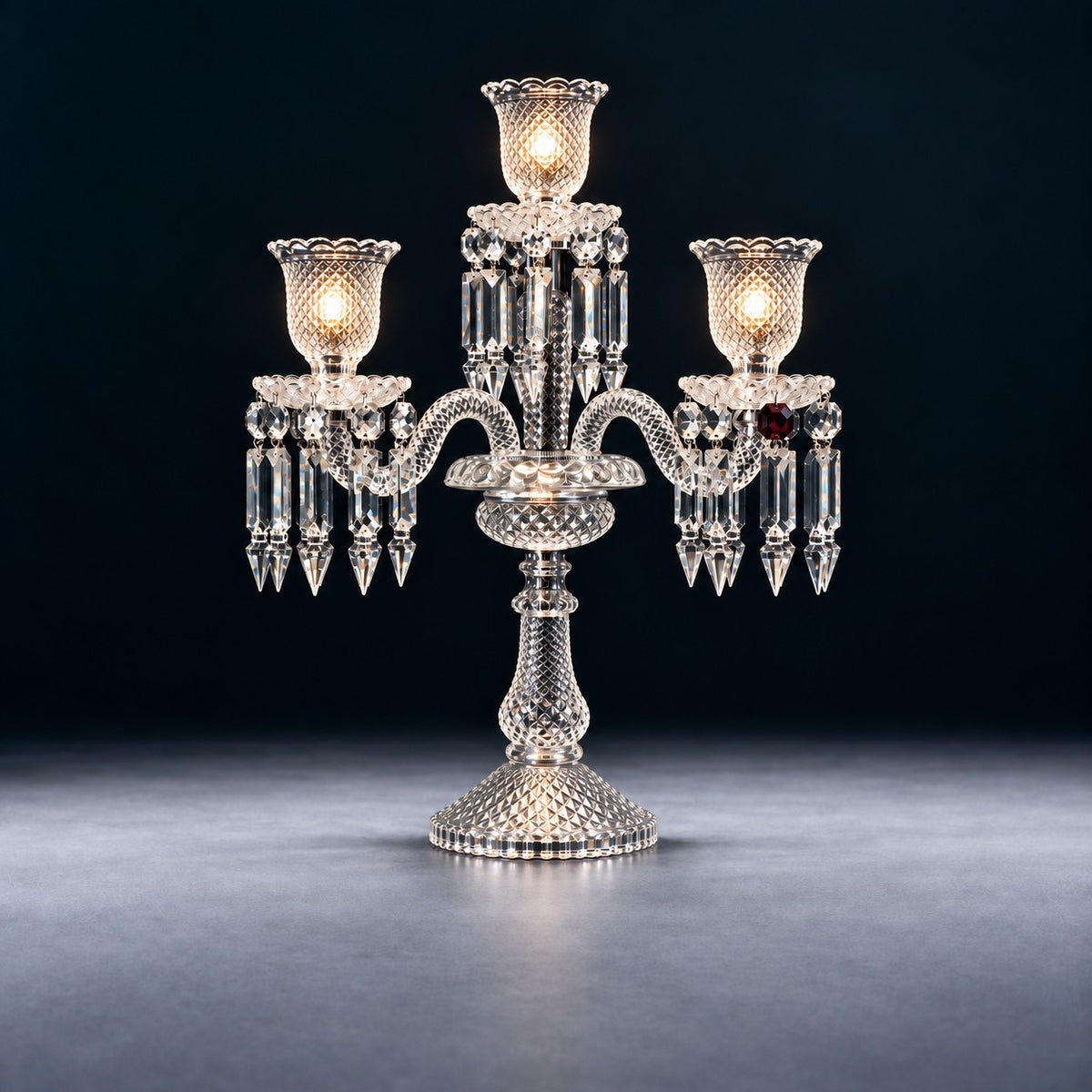 Zomera Candelabra Crystal 4-Light Table Lamp 21.7" on a deep teal-blue wall
