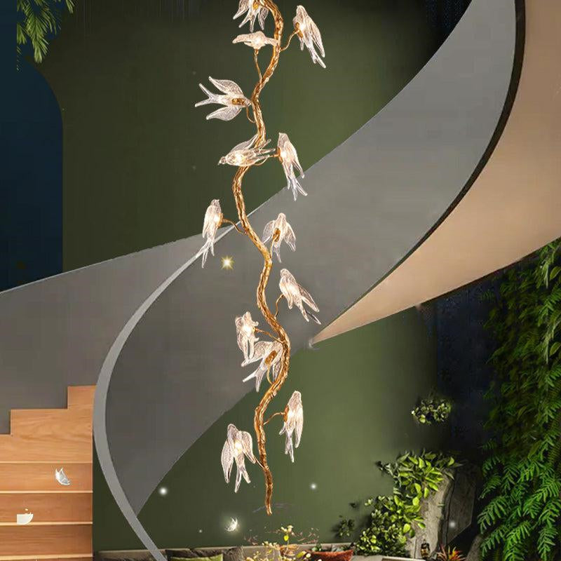 Bird Glass Tree Branch Long Staircase Chandelier