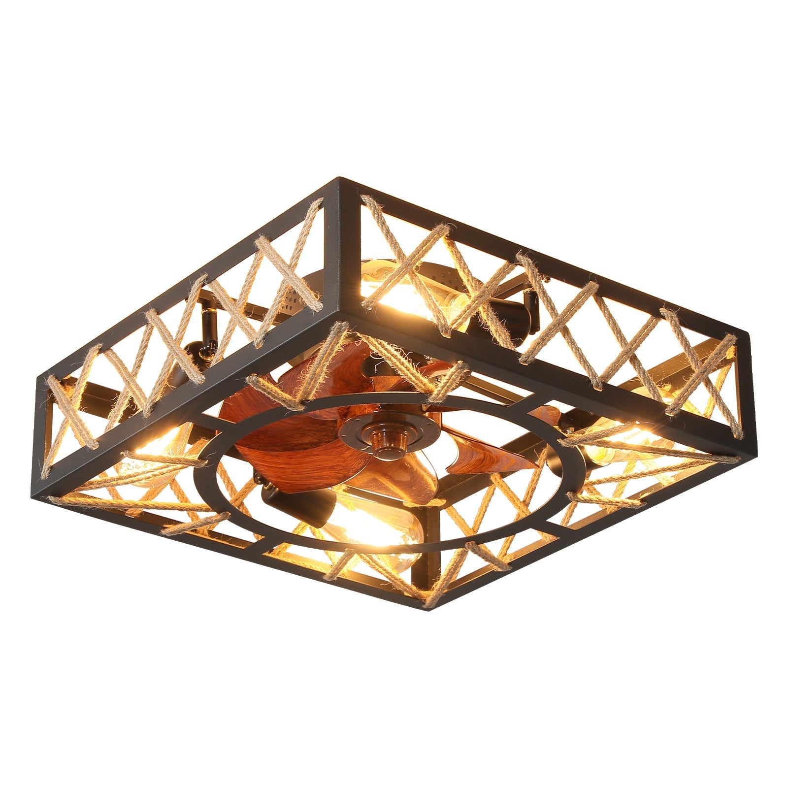 Vincenzo Square Flush Mount Caged Ceiling Fan for Porch Patios Kitchen Bedroom Farmhouse Steampunk