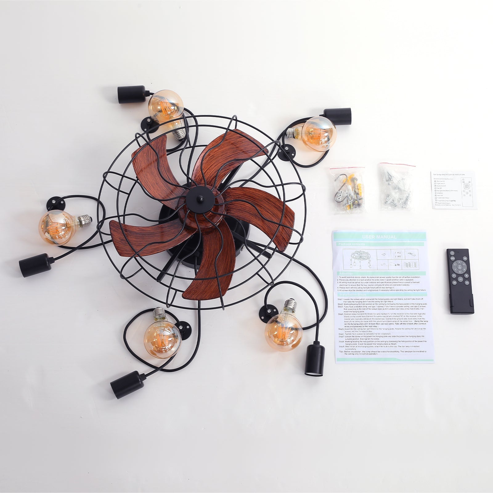 Vincenzo Ceiling Fan Lights With Remote Control, Flush Mount Vintage Industrial Fandelier for Living Room