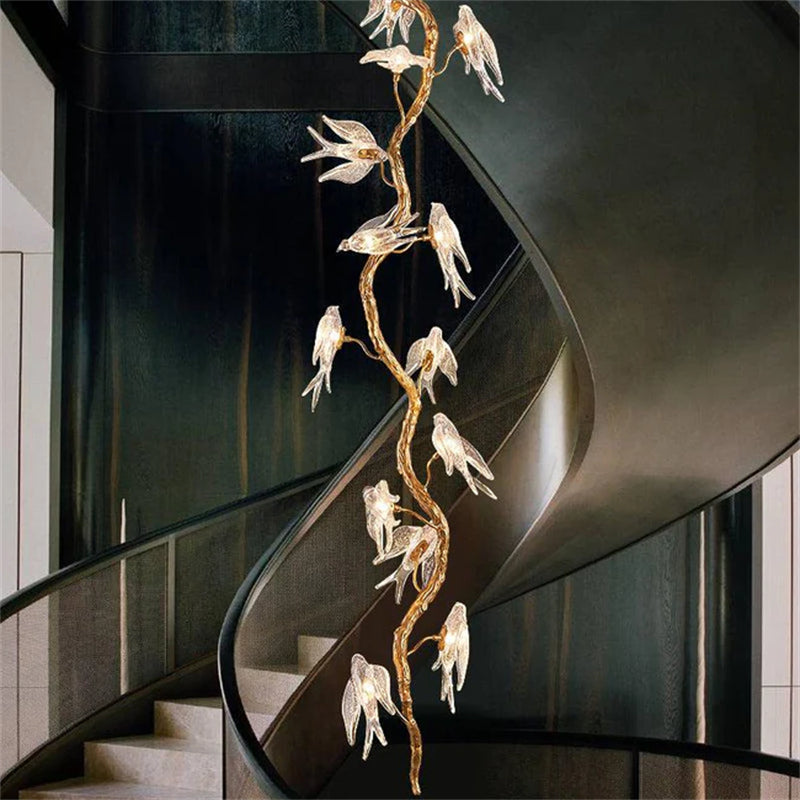Bird Glass Tree Branch Long Staircase Chandelier