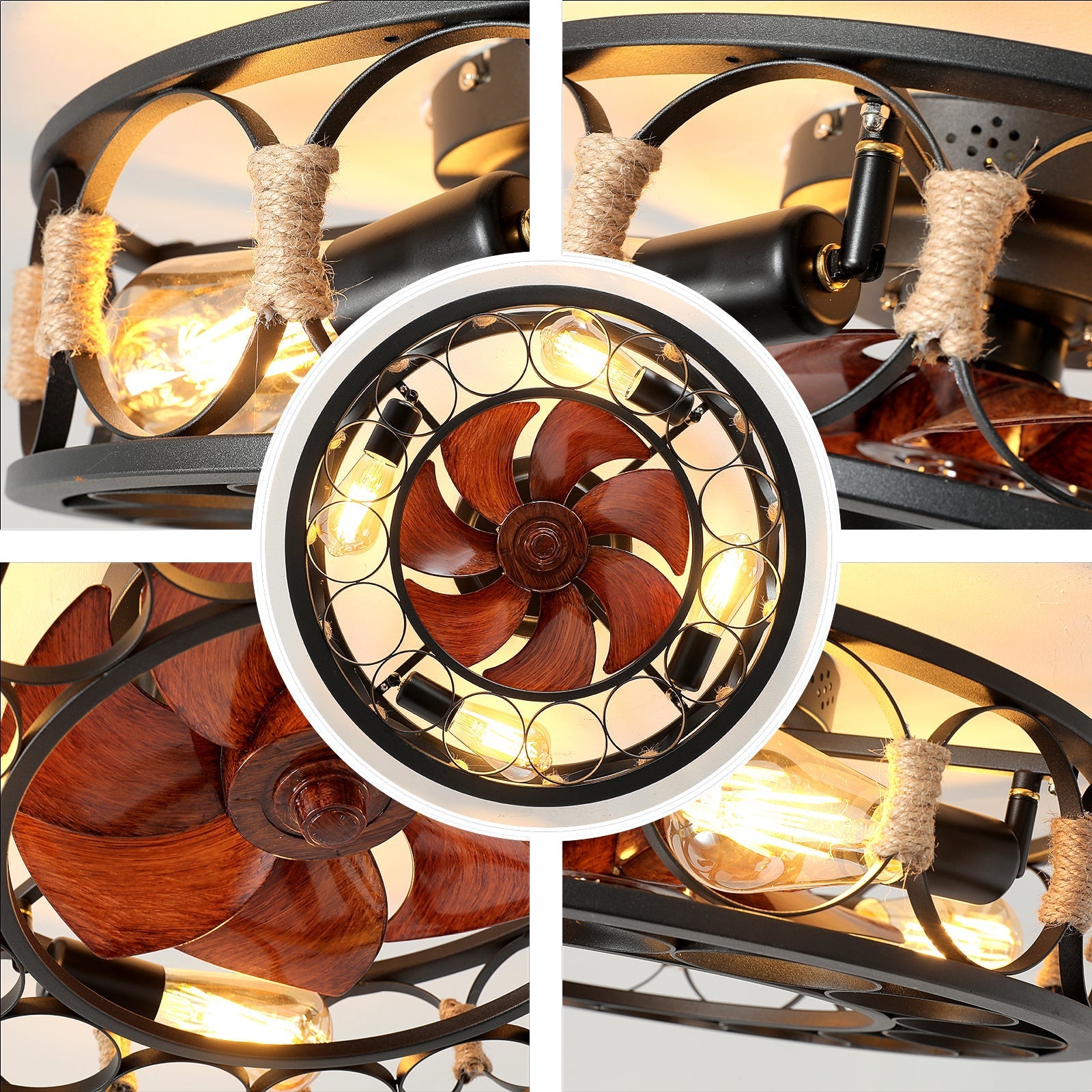 Vincenzo Low Profile Caged Industrial Ceiling Fan with Lights Remote Control For Living Room