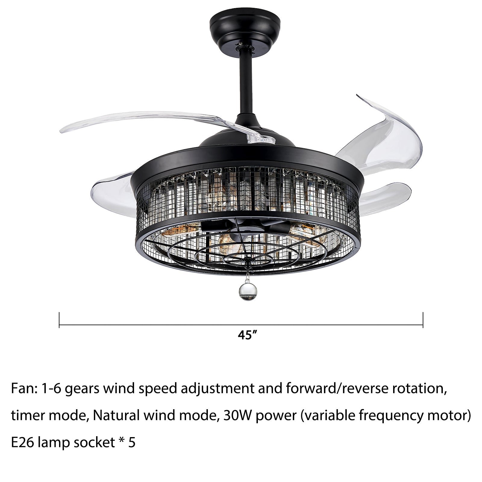 Inès 42" Fan: 6-Speed, Reverse, Timer, Natural Wind, 30W (Variable Frequency Motor), 5 E26 Sockets