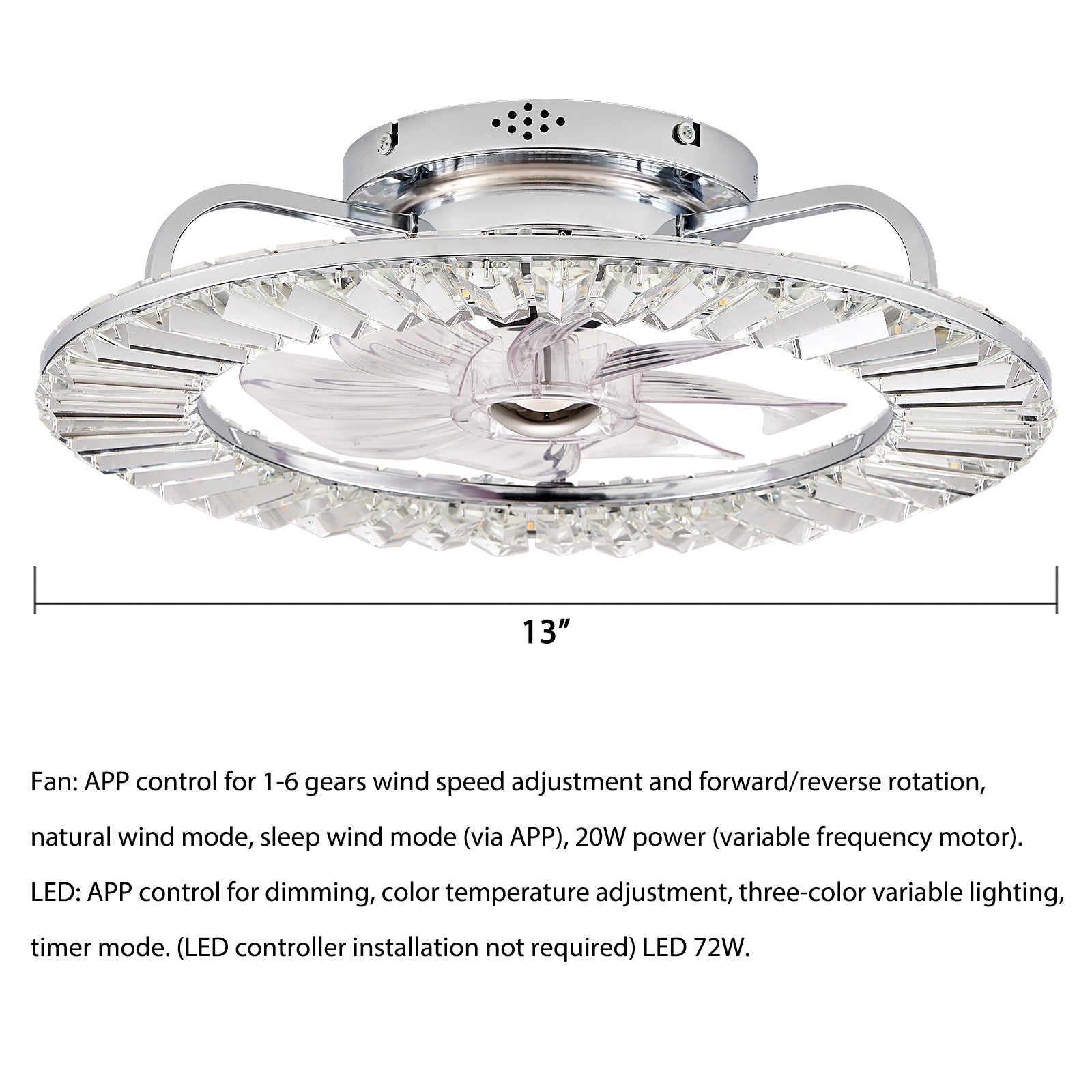 Blanca Ceiling 13" Smart Fan APP Control Light Chandelier, 6-Speed, Reverse, Natural Wind, Sleep Mode, 20W DC Motor, LED: Dimmable, Color Temperature, RGB, Timer, No Controller, 72W