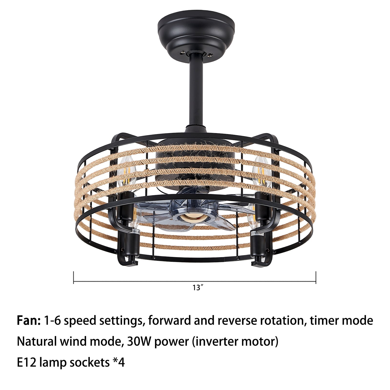 Inès 6-Speed Ceiling Fan Light: Reverse, Timer, Natural Wind, 30W, E12 x4