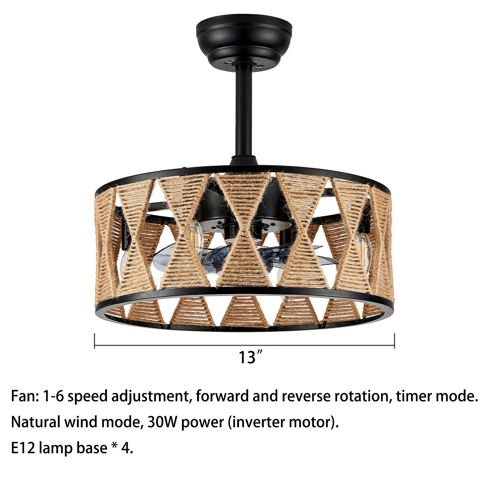 Hugo 6-Speed Ceiling Fan Light: Reverse, Timer, Natural Wind, 30W, E12 x4, Ceiling Fan Chandelier Over Dining Table, Bedroom