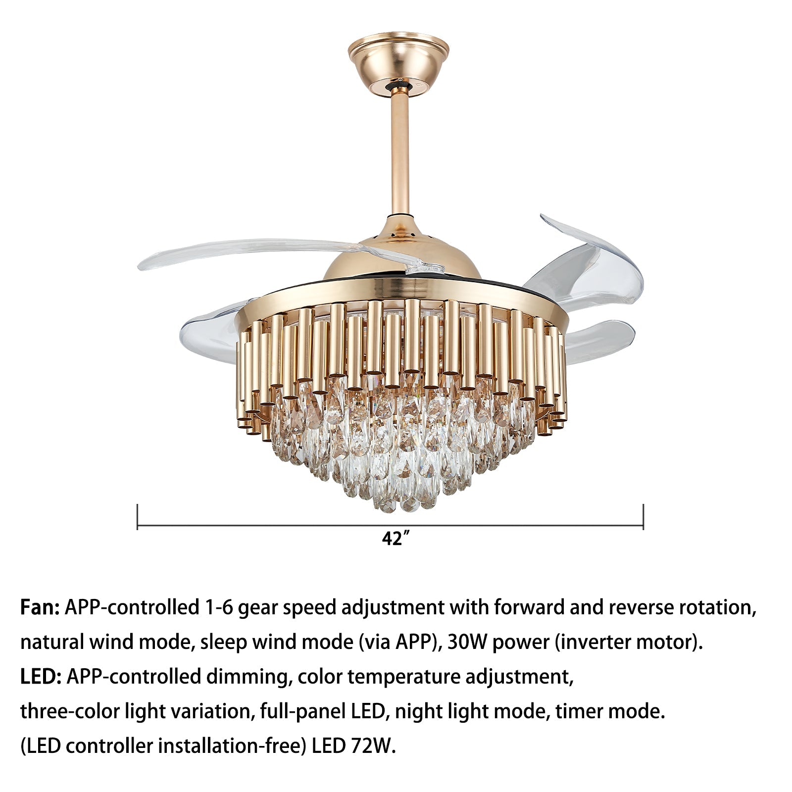 Alvin 42" Crystal LED  Dimmable Ceiling Fan Chandelier For Dining Room, APP Control, 6-Speed