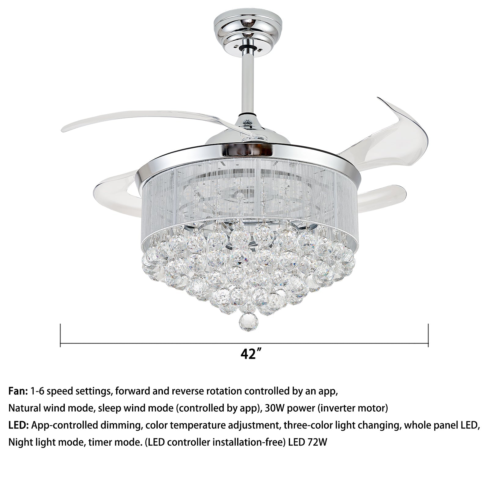 Blanco Modern Crystal Ceiling Fan Dimmable Chandelier,APP Control, 6-Speed, 72W LED