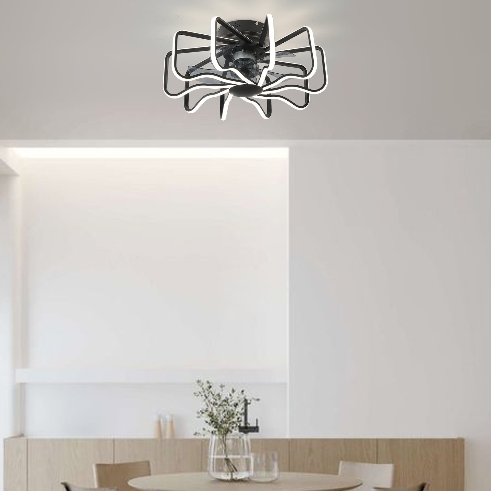Edoardo Modern Waveform Dimmable Ceiling Fans with Lights and Remote Over Dining Table