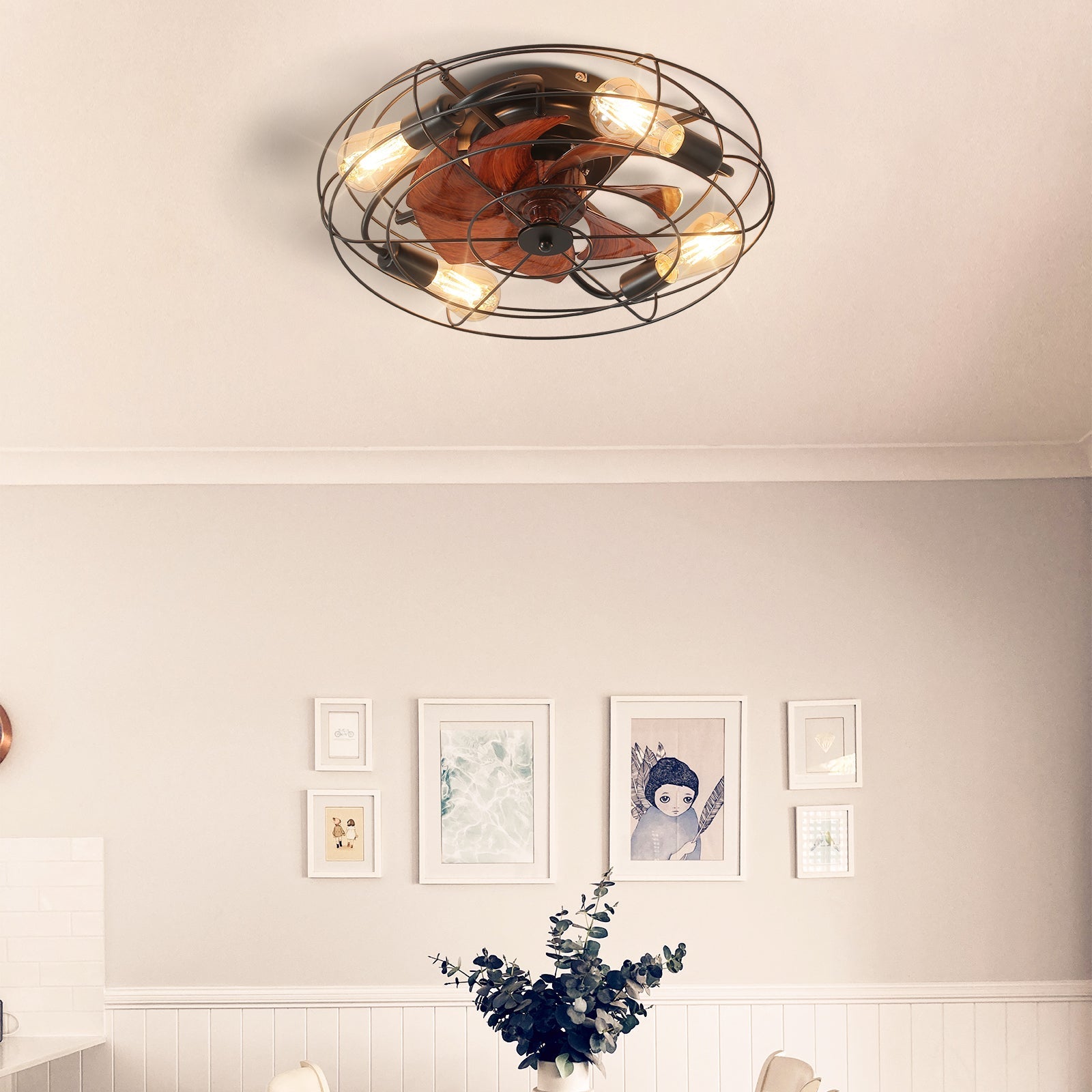 Vincenzo Modern Flush Mount Caged Ceiling Fan Chandelier with 4 Led Bulbs, Ceiling Fan Light Over Dining Table, Living Room